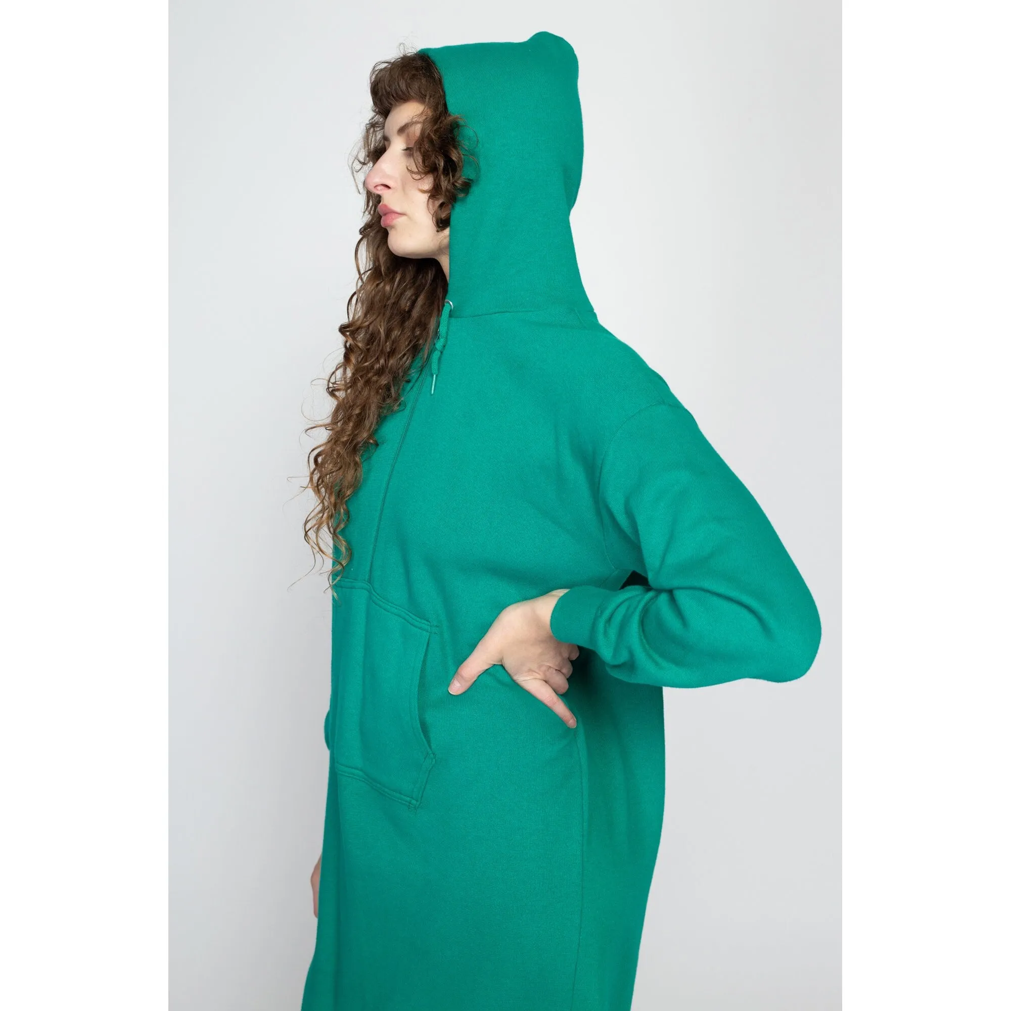 Medium 80s Teal Hooded Sweatshirt Dress