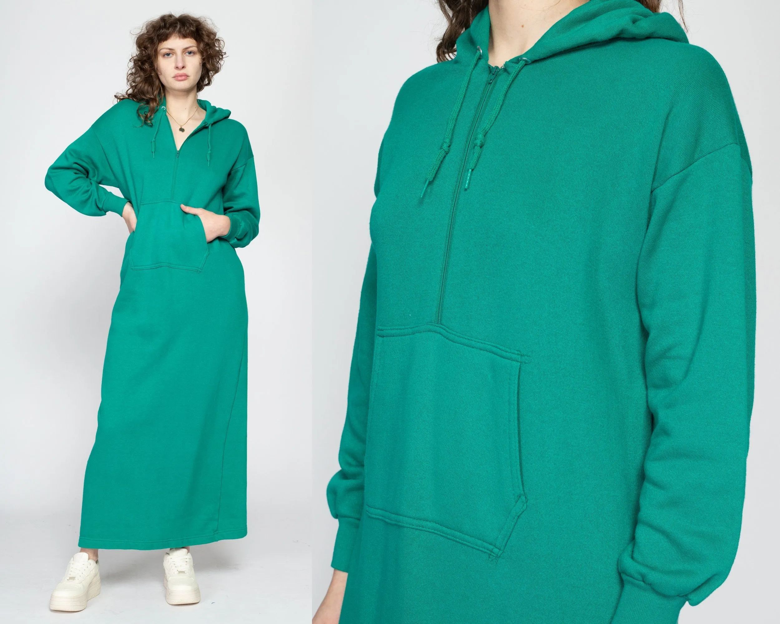 Medium 80s Teal Hooded Sweatshirt Dress
