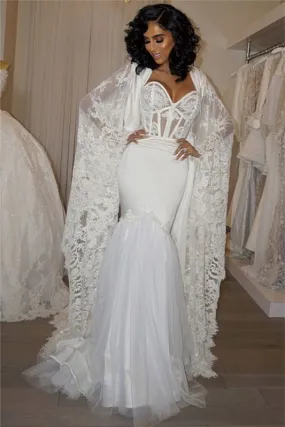 Modern Sweetheart Mermaid Wedding Dress with Lace Cape