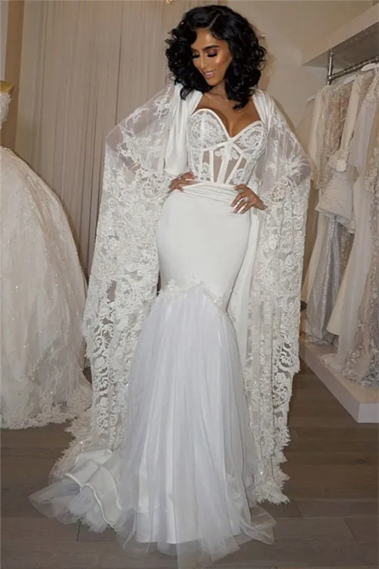 Modern Sweetheart Mermaid Wedding Dress with Lace Cape