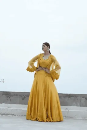 Mustard Heavy Mirror Work Skirt With Cape Set
