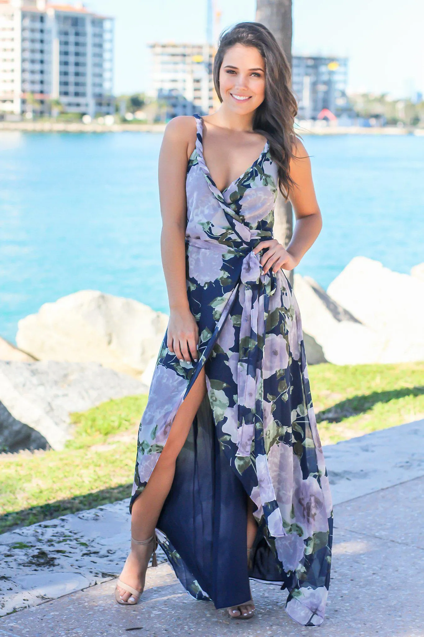 Navy and Purple Floral Wrap Dress