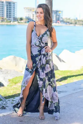 Navy and Purple Floral Wrap Dress