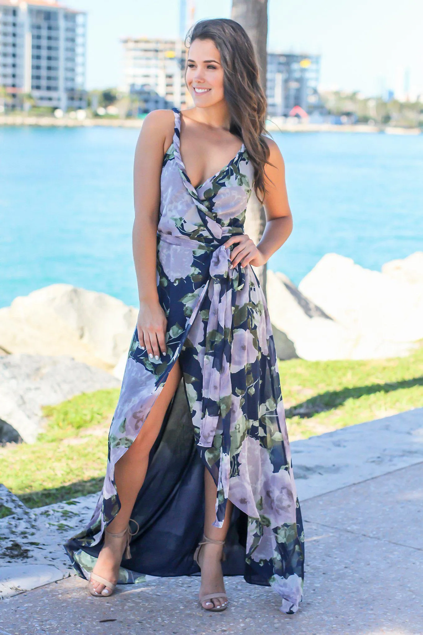 Navy and Purple Floral Wrap Dress