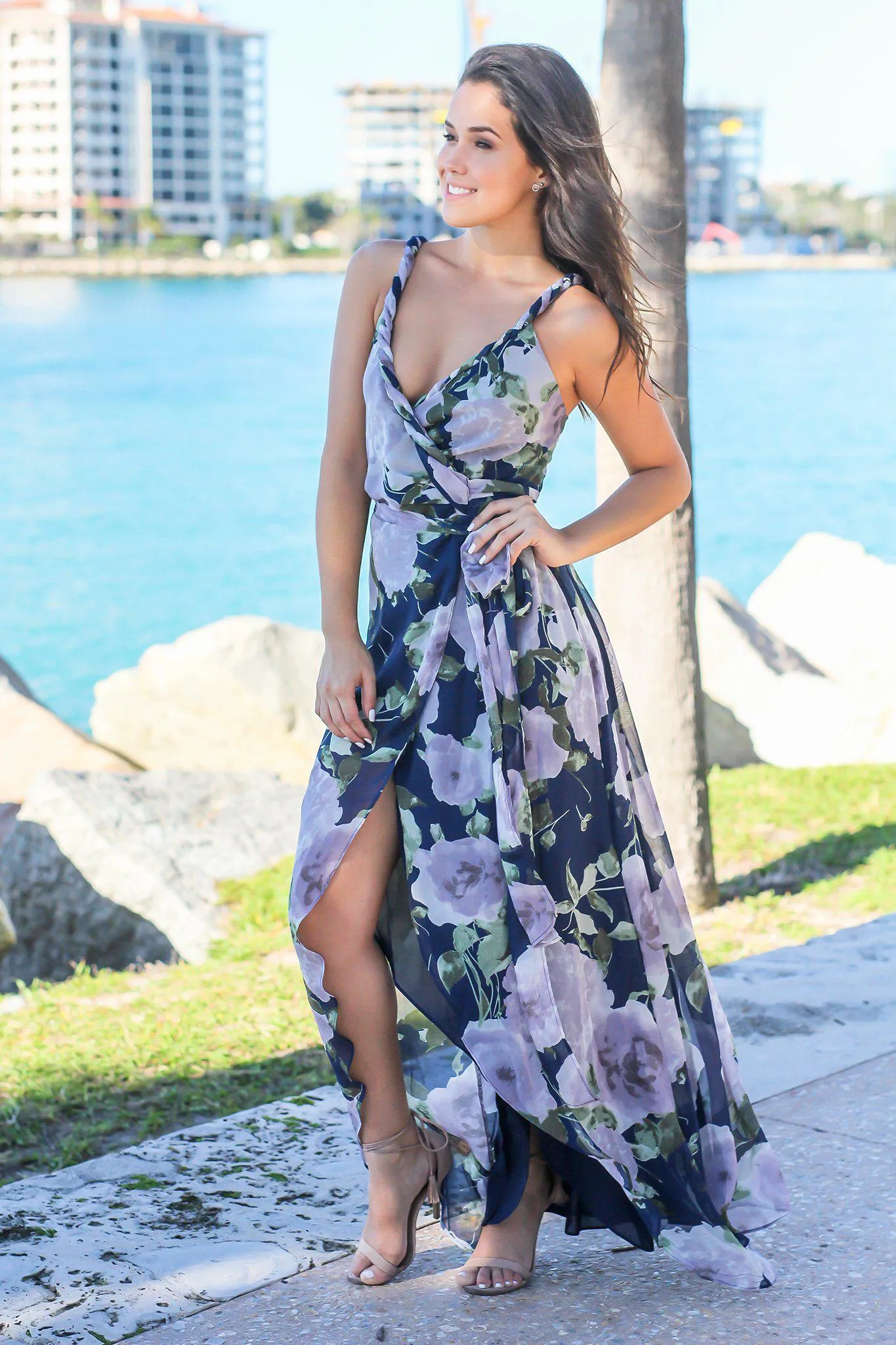 Navy and Purple Floral Wrap Dress