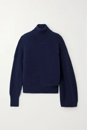 Navy cape-effect ribbed recycled cashmere and wool-blend turtleneck sweater
