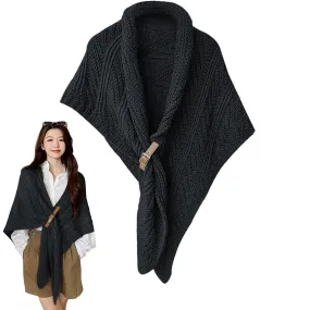 New Knitted Triangle Shawl with Leather Buckle, Black, one size!