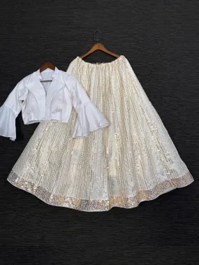 Off-White Color Sequins Work Taffeta Crop-Top Lehenga