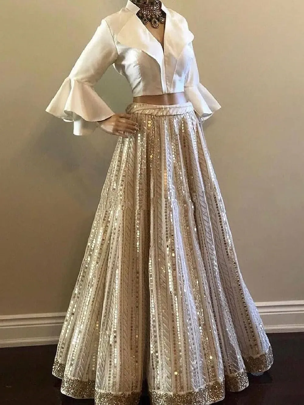 Off-White Color Sequins Work Taffeta Crop-Top Lehenga