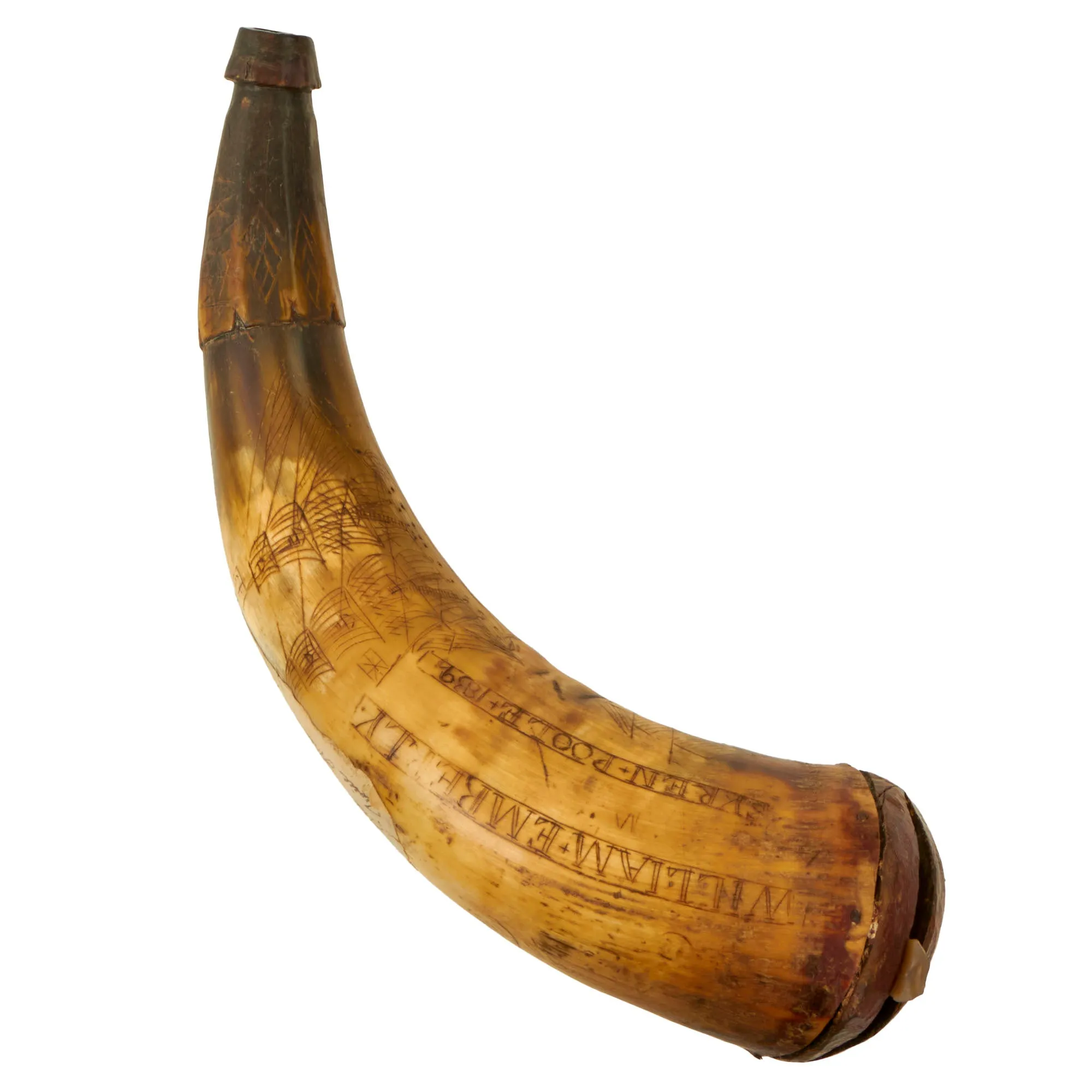 Original British Early 19th Century Named & Hand Carved Scrimshaw Cowhorn Powder Horn with Carved Flint Pocket & Provenance Note - Dated 1839