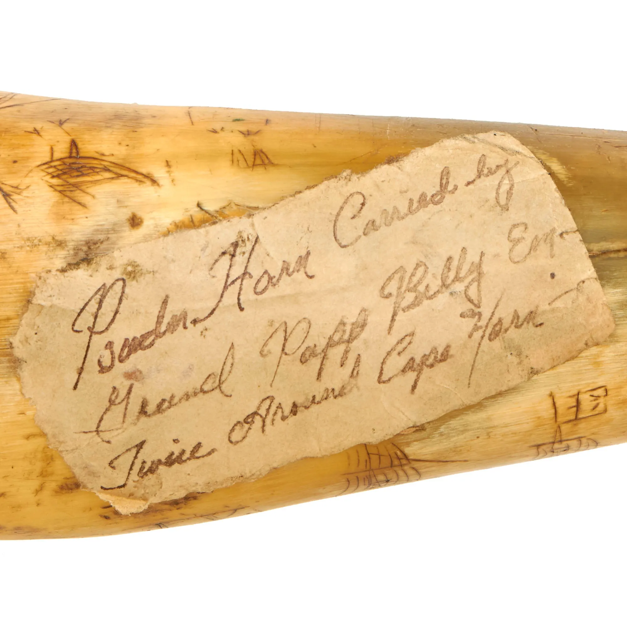 Original British Early 19th Century Named & Hand Carved Scrimshaw Cowhorn Powder Horn with Carved Flint Pocket & Provenance Note - Dated 1839