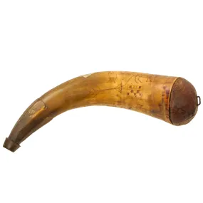 Original British Early 19th Century Named & Hand Carved Scrimshaw Cowhorn Powder Horn with Carved Flint Pocket & Provenance Note - Dated 1839
