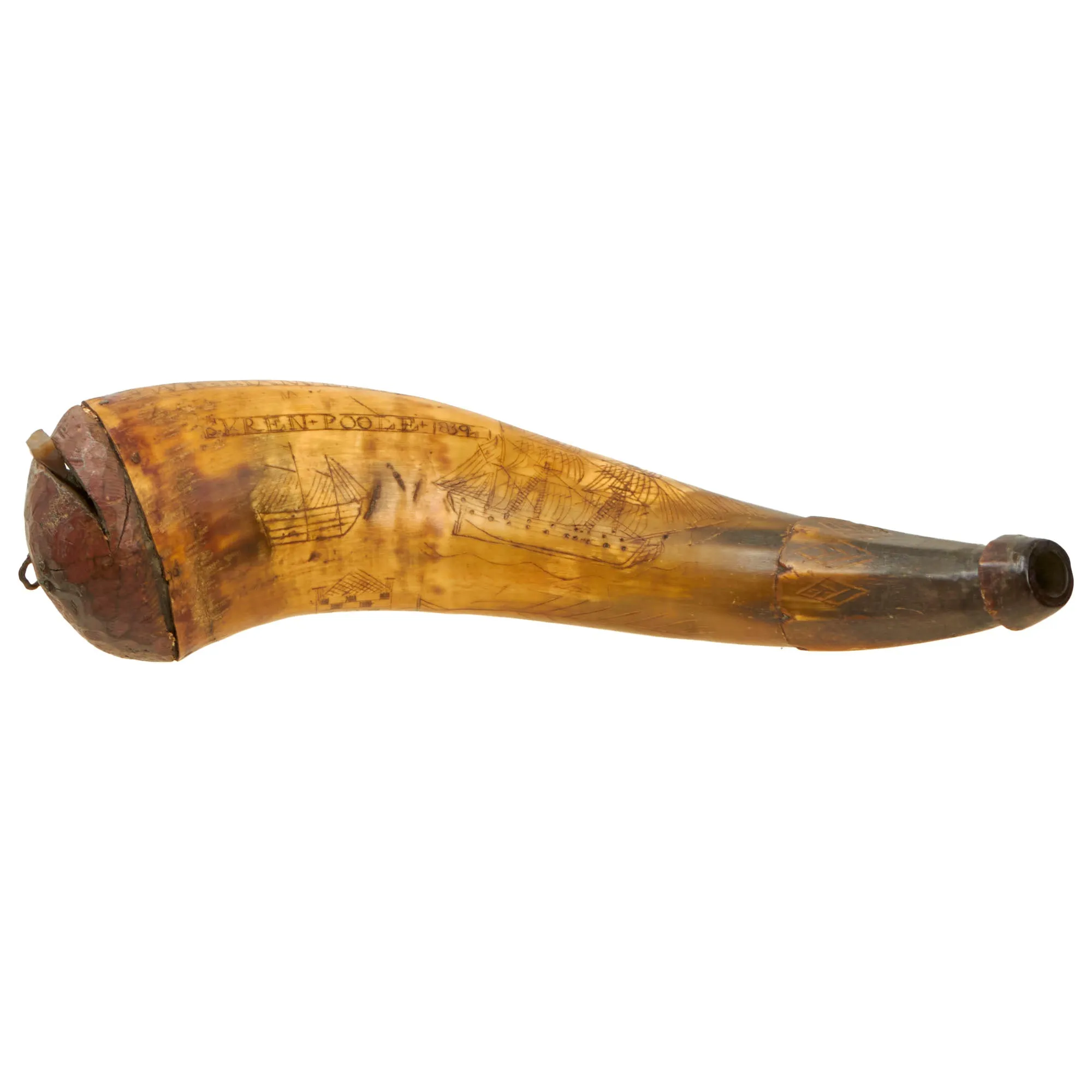 Original British Early 19th Century Named & Hand Carved Scrimshaw Cowhorn Powder Horn with Carved Flint Pocket & Provenance Note - Dated 1839