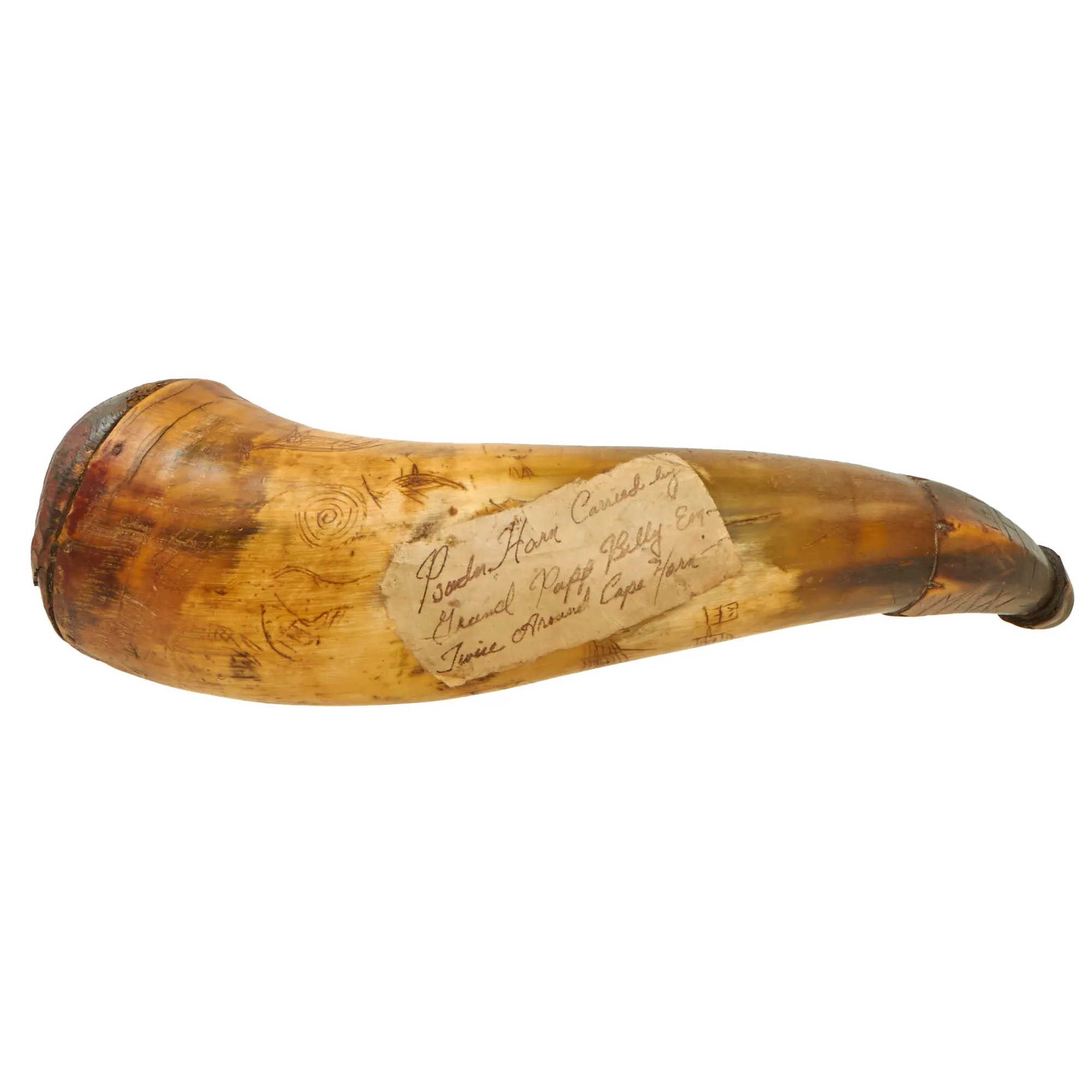 Original British Early 19th Century Named & Hand Carved Scrimshaw Cowhorn Powder Horn with Carved Flint Pocket & Provenance Note - Dated 1839