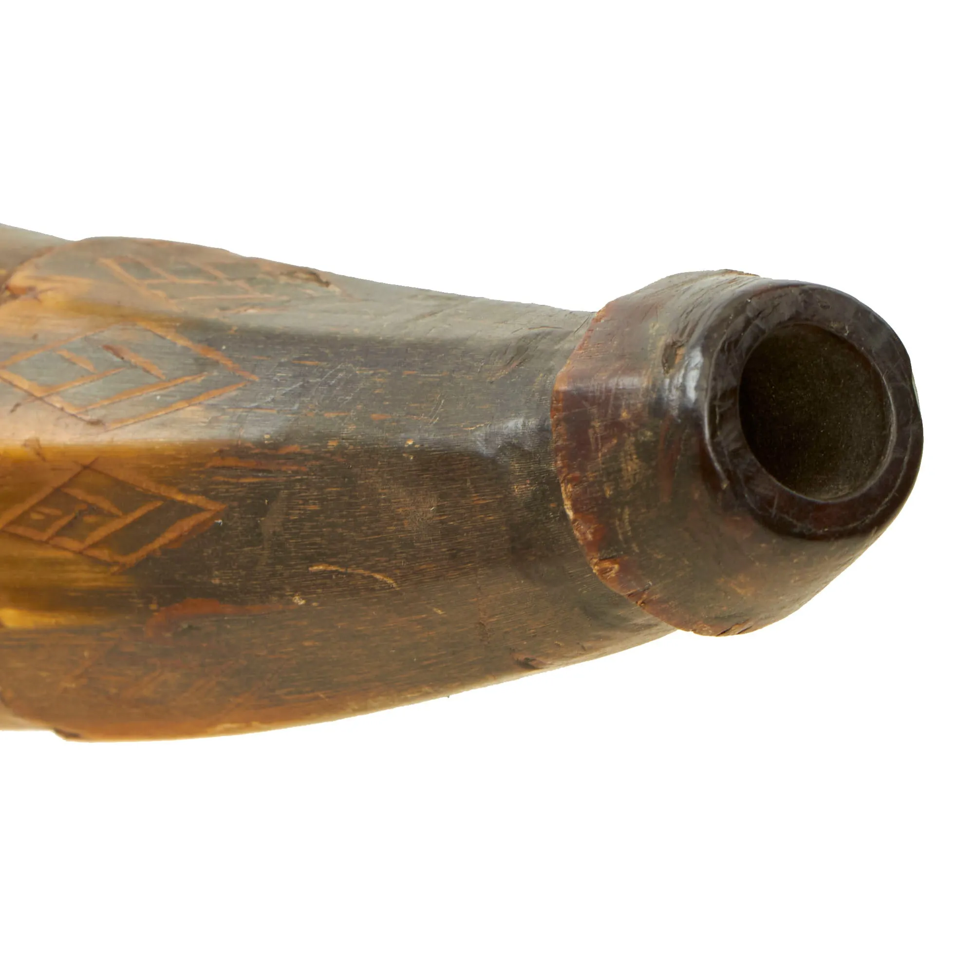Original British Early 19th Century Named & Hand Carved Scrimshaw Cowhorn Powder Horn with Carved Flint Pocket & Provenance Note - Dated 1839