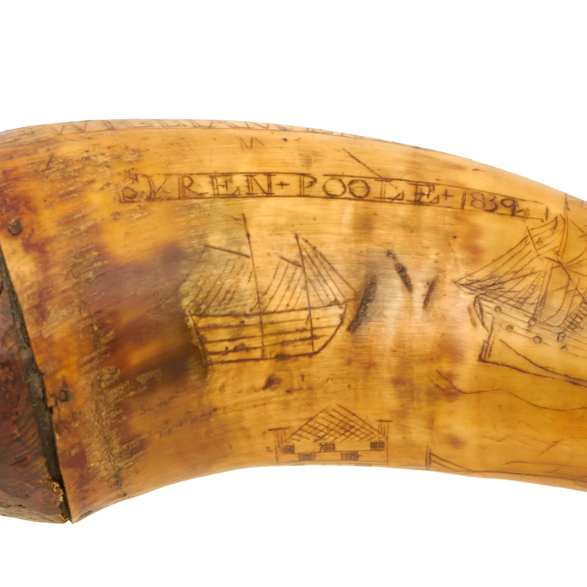 Original British Early 19th Century Named & Hand Carved Scrimshaw Cowhorn Powder Horn with Carved Flint Pocket & Provenance Note - Dated 1839