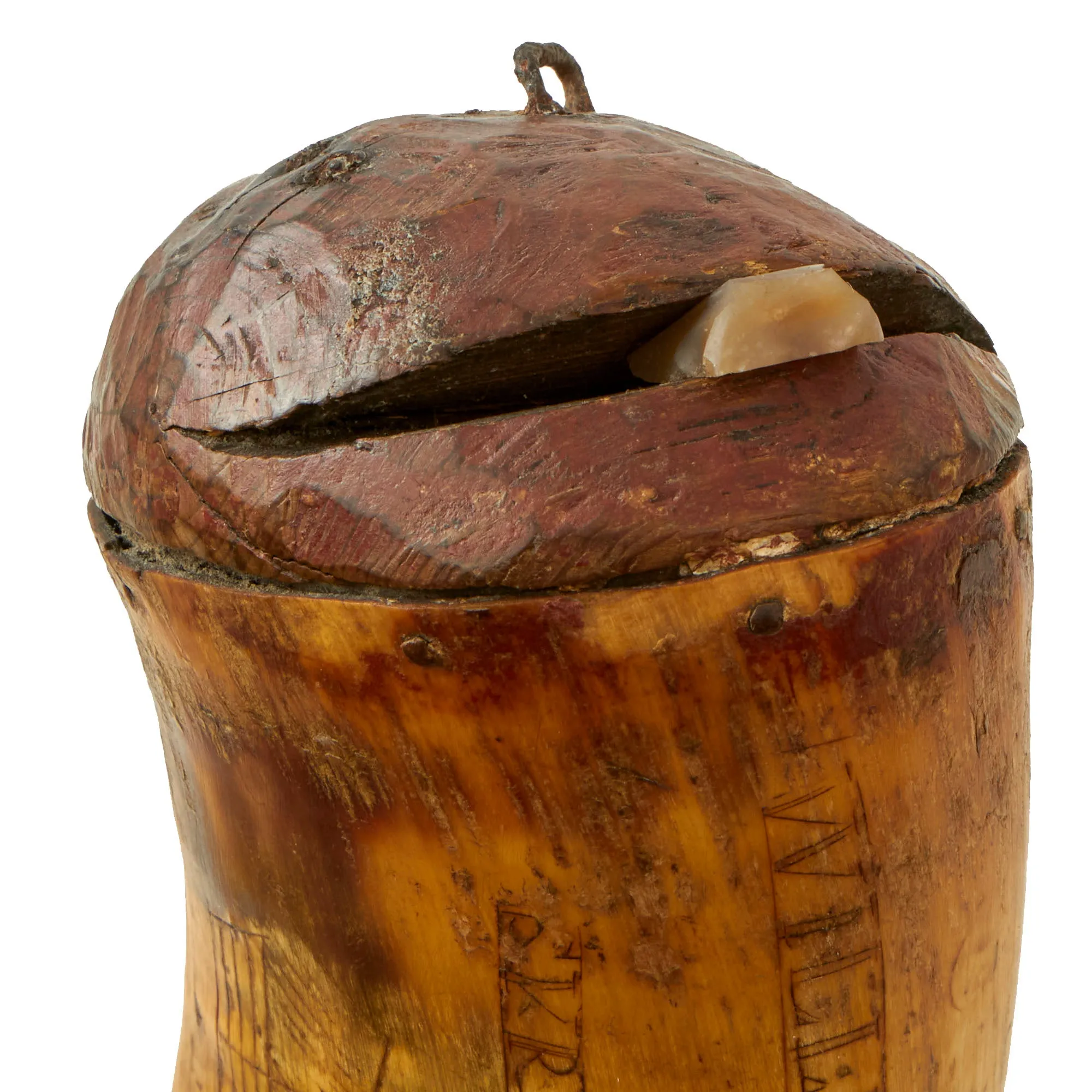 Original British Early 19th Century Named & Hand Carved Scrimshaw Cowhorn Powder Horn with Carved Flint Pocket & Provenance Note - Dated 1839