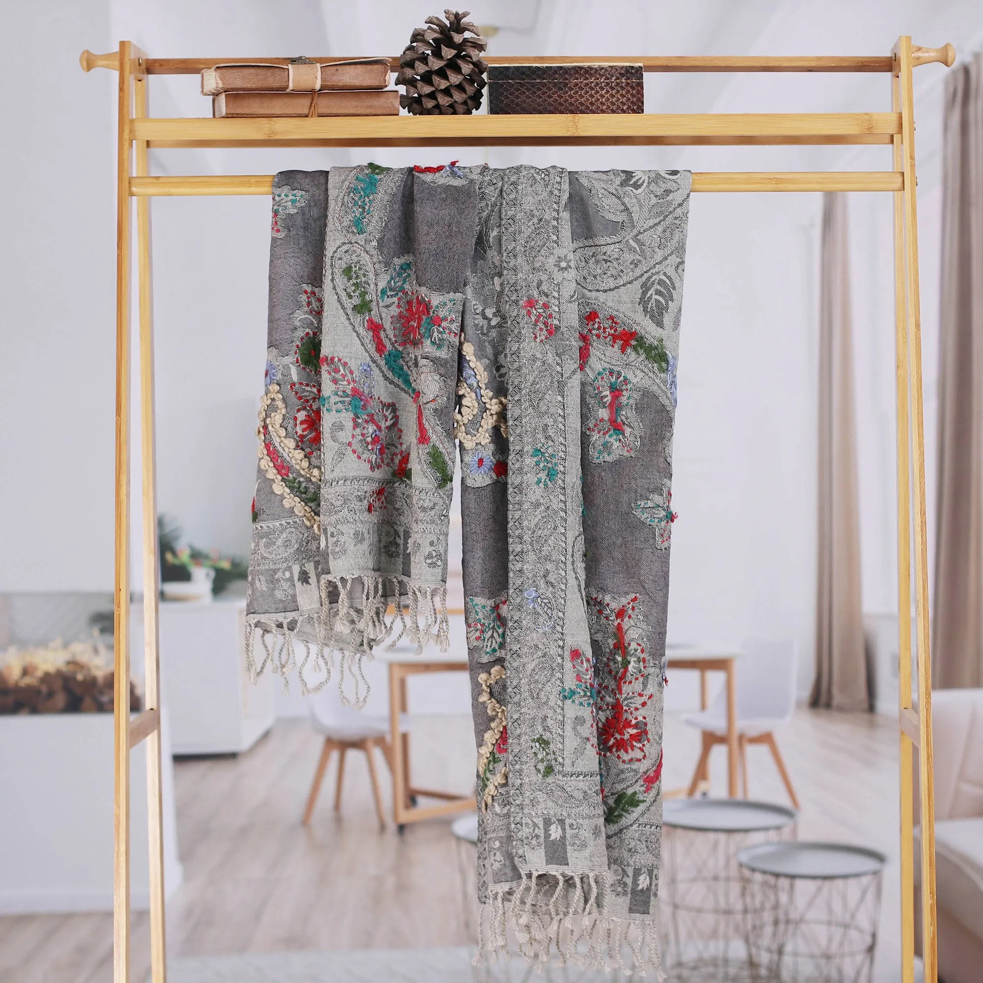 Paisley-Patterned Jacquard Wool Shawl - Morning Muse | NOVICA
