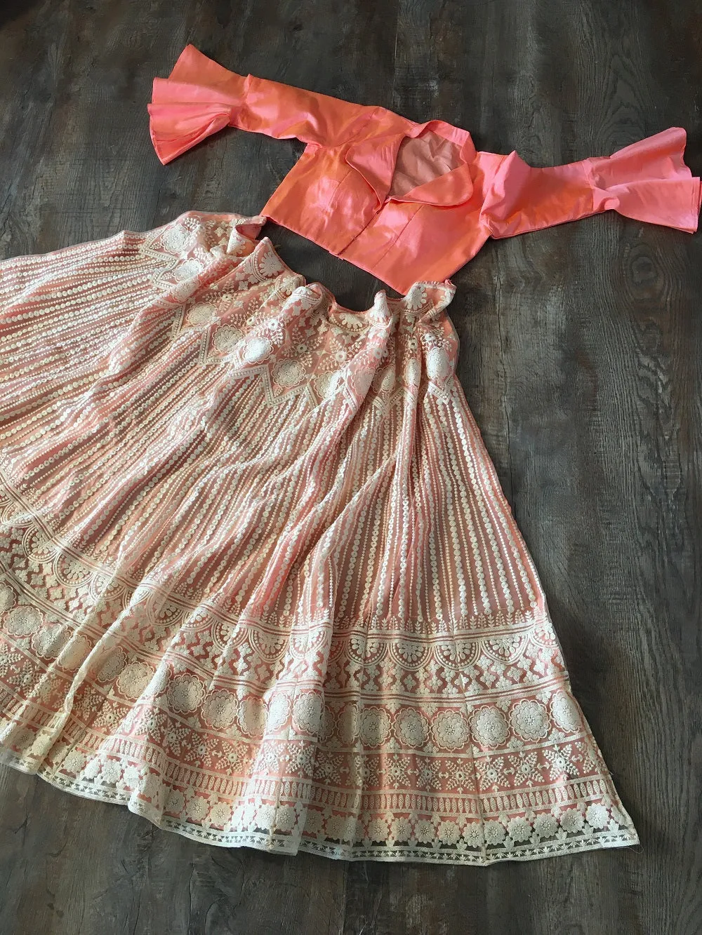 Peach Color Lucknowi Net Fabric Two Piece Lehenga Set