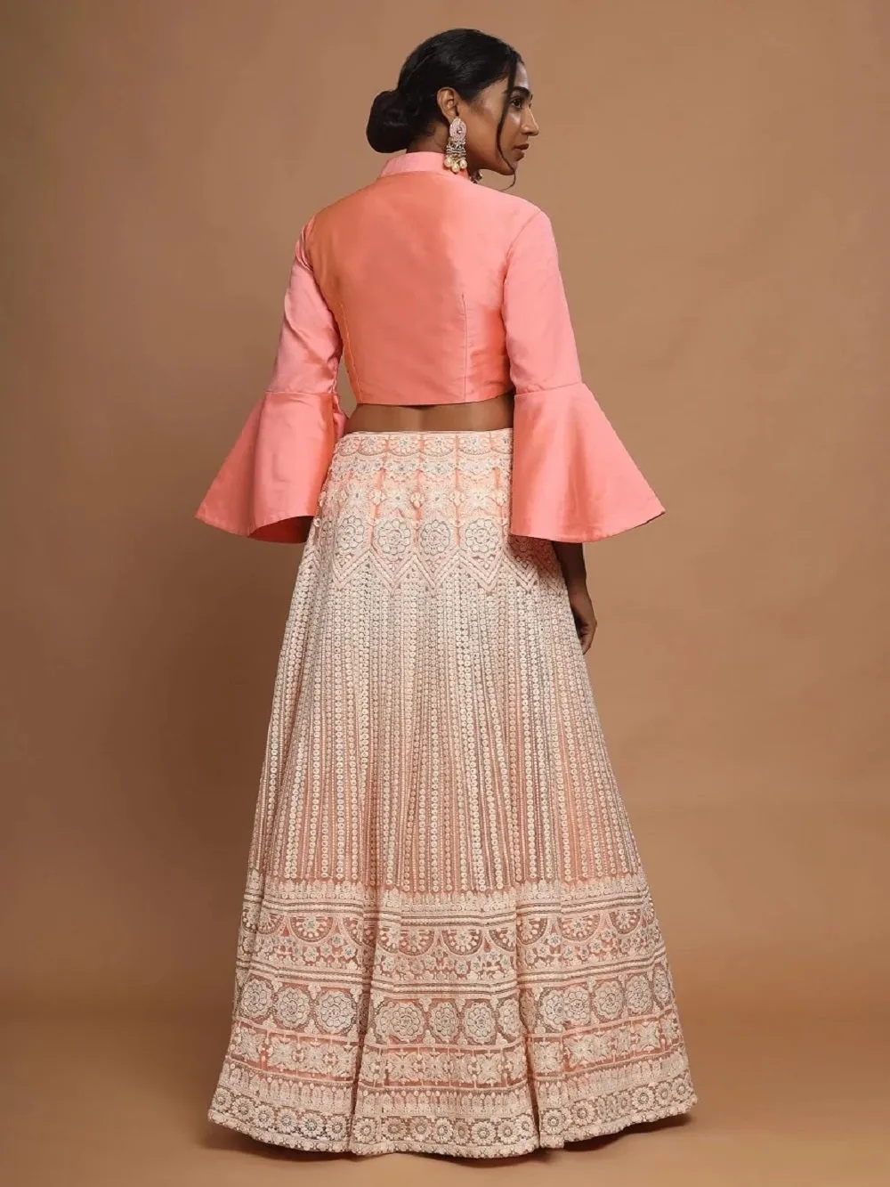 Peach Color Lucknowi Net Fabric Two Piece Lehenga Set