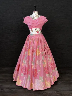 Pink Color Thread And Sequins Embroidery Work Georgette Crop-Top