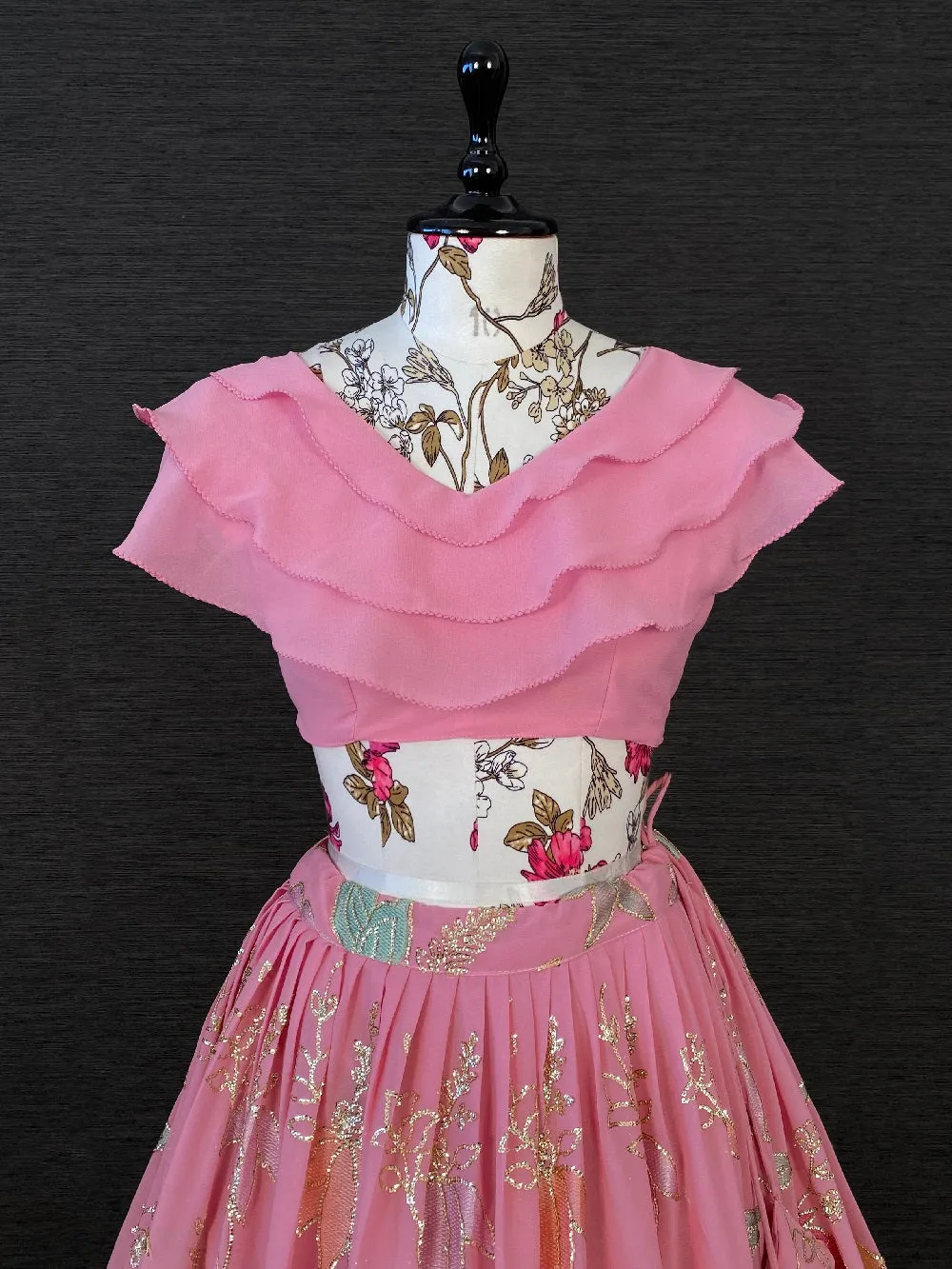 Pink Color Thread And Sequins Embroidery Work Georgette Crop-Top