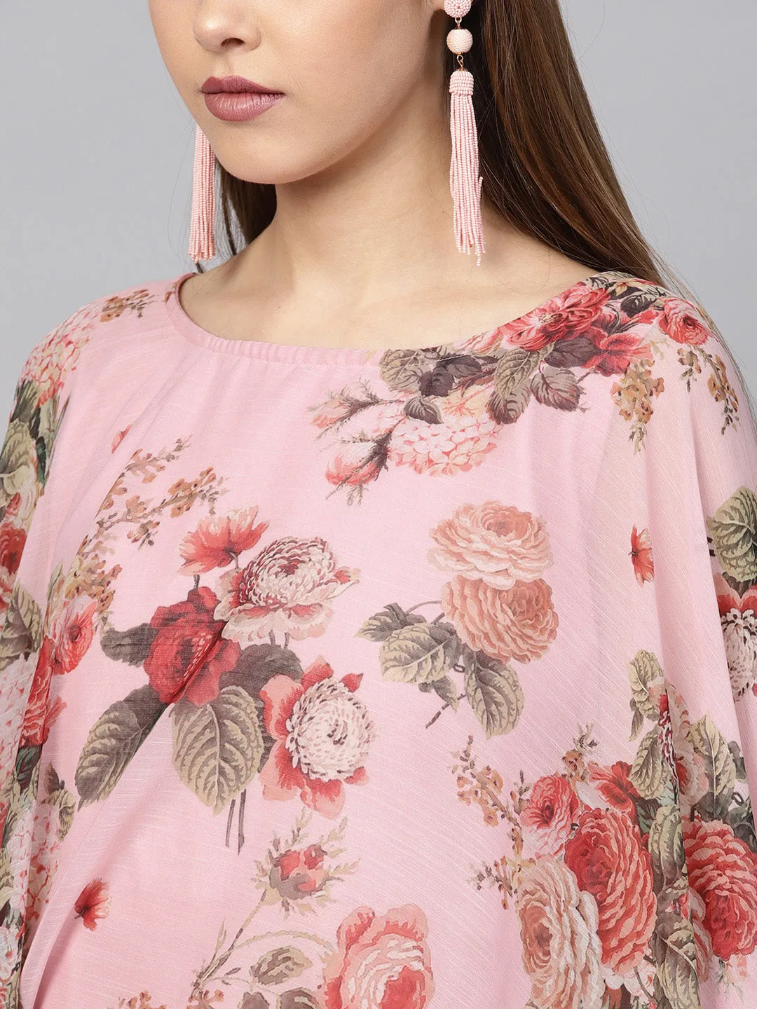 Pink Floral A Line Fusion Dresses
