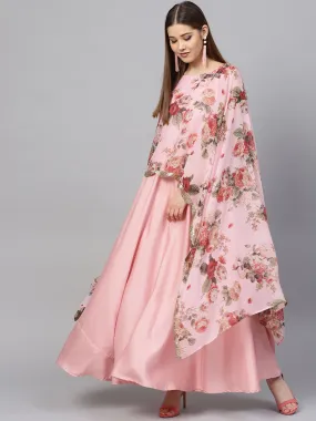 Pink Floral A Line Fusion Dresses