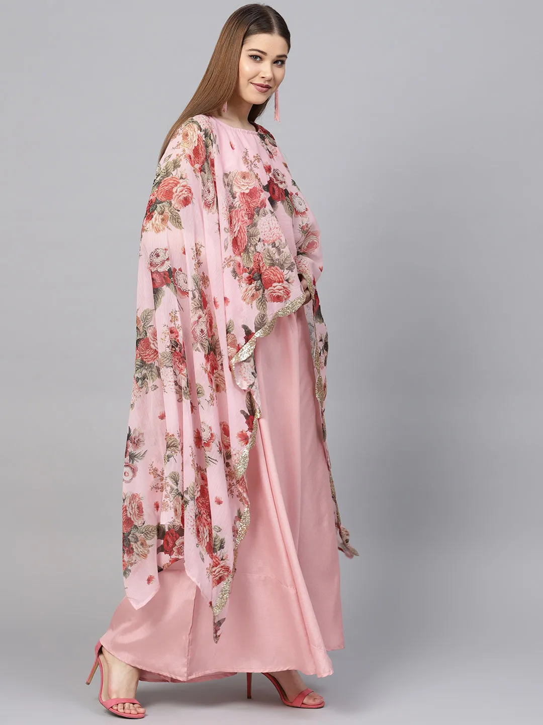 Pink Floral A Line Fusion Dresses