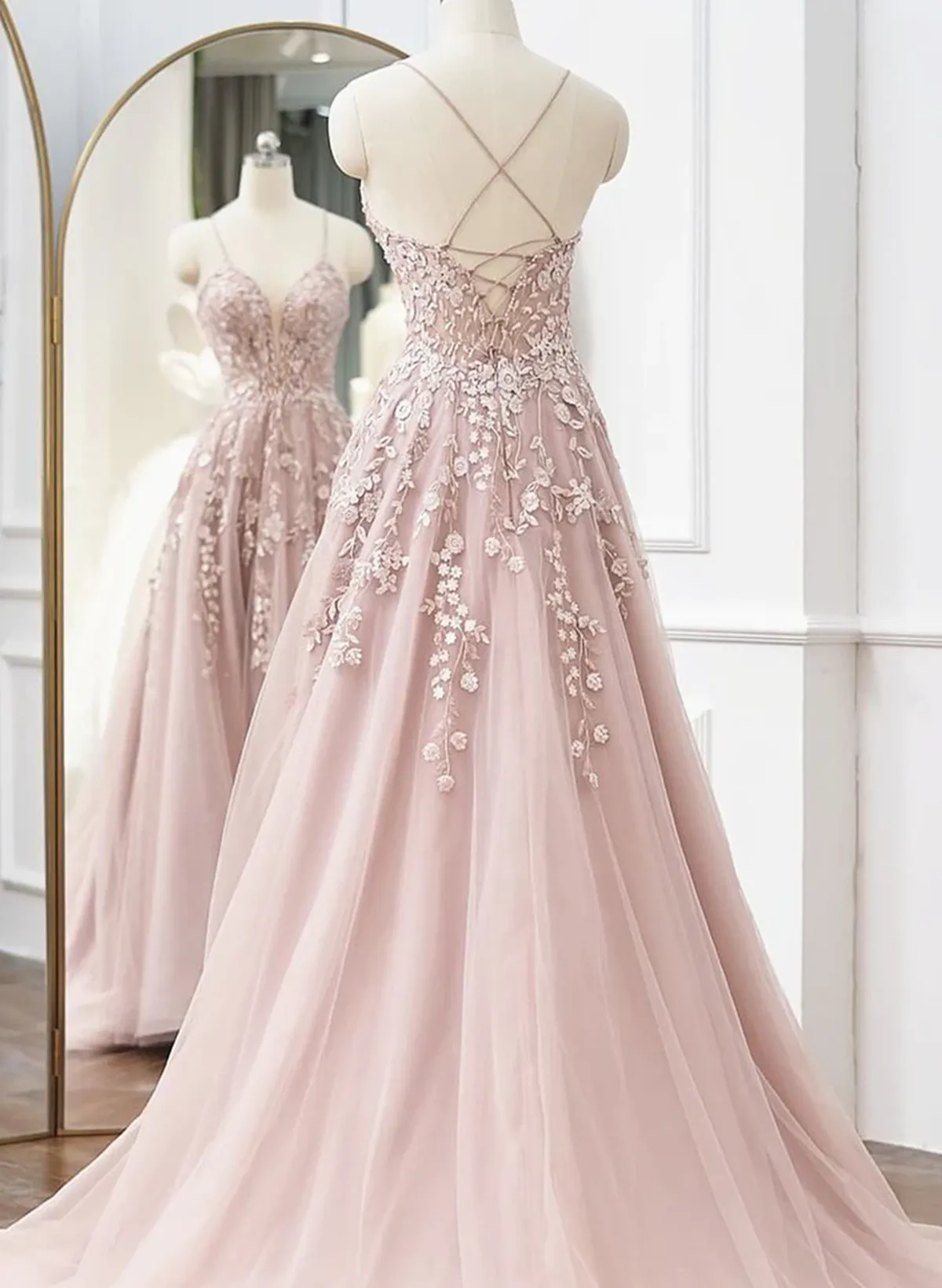 Pink Tulle with Lace Straps Long Party Dress, Pink Tulle Prom Dress Evening Dress