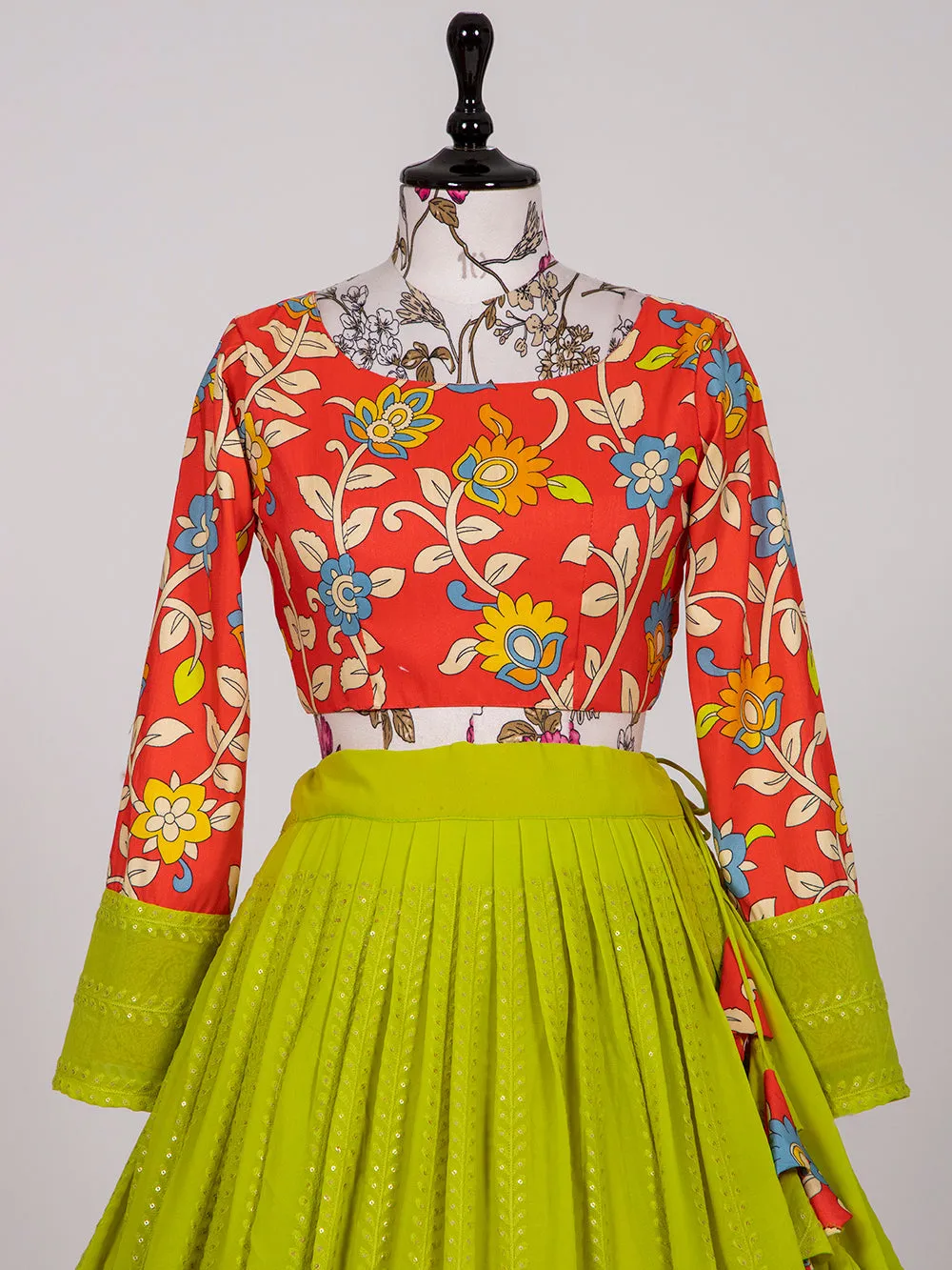 Pista Color Lucknowi Sequins Embroidery Work Lehenga Crop Top