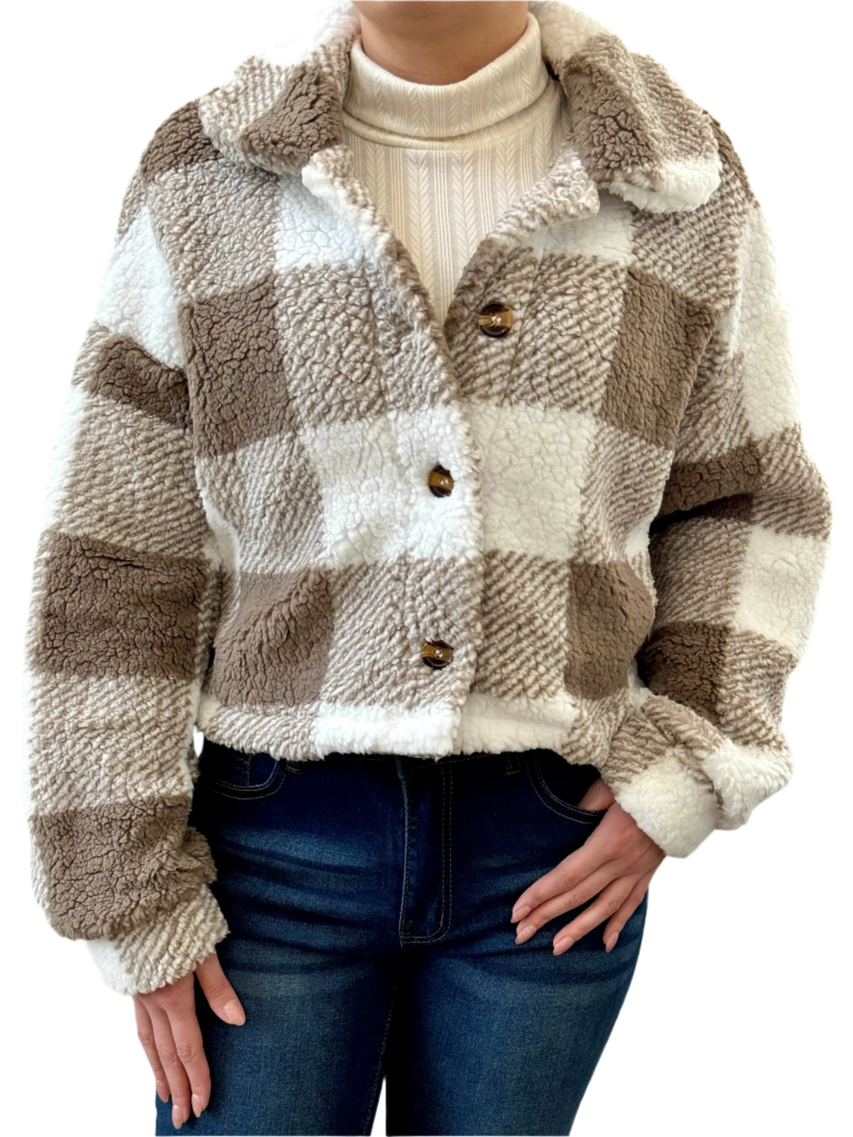Plaid Button Front Teddy Coat, Casual, Soft, Comfortable Long Sleeve Coat For Winter & Spring, Women's Clothing