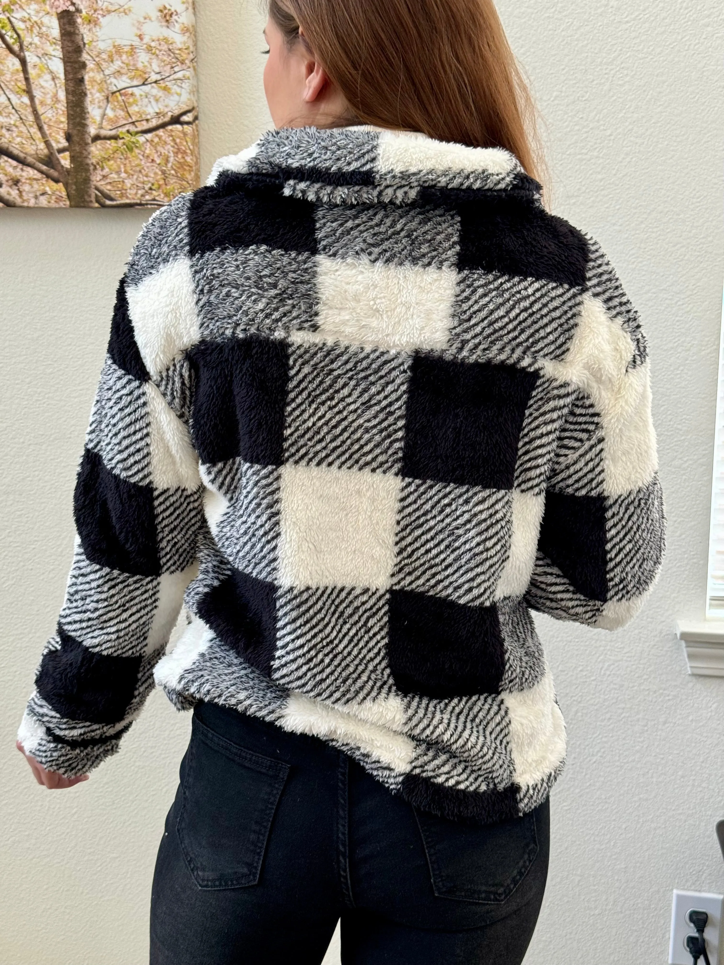 Plaid Button Front Teddy Coat, Casual, Soft, Comfortable Long Sleeve Coat For Winter & Spring, Women's Clothing