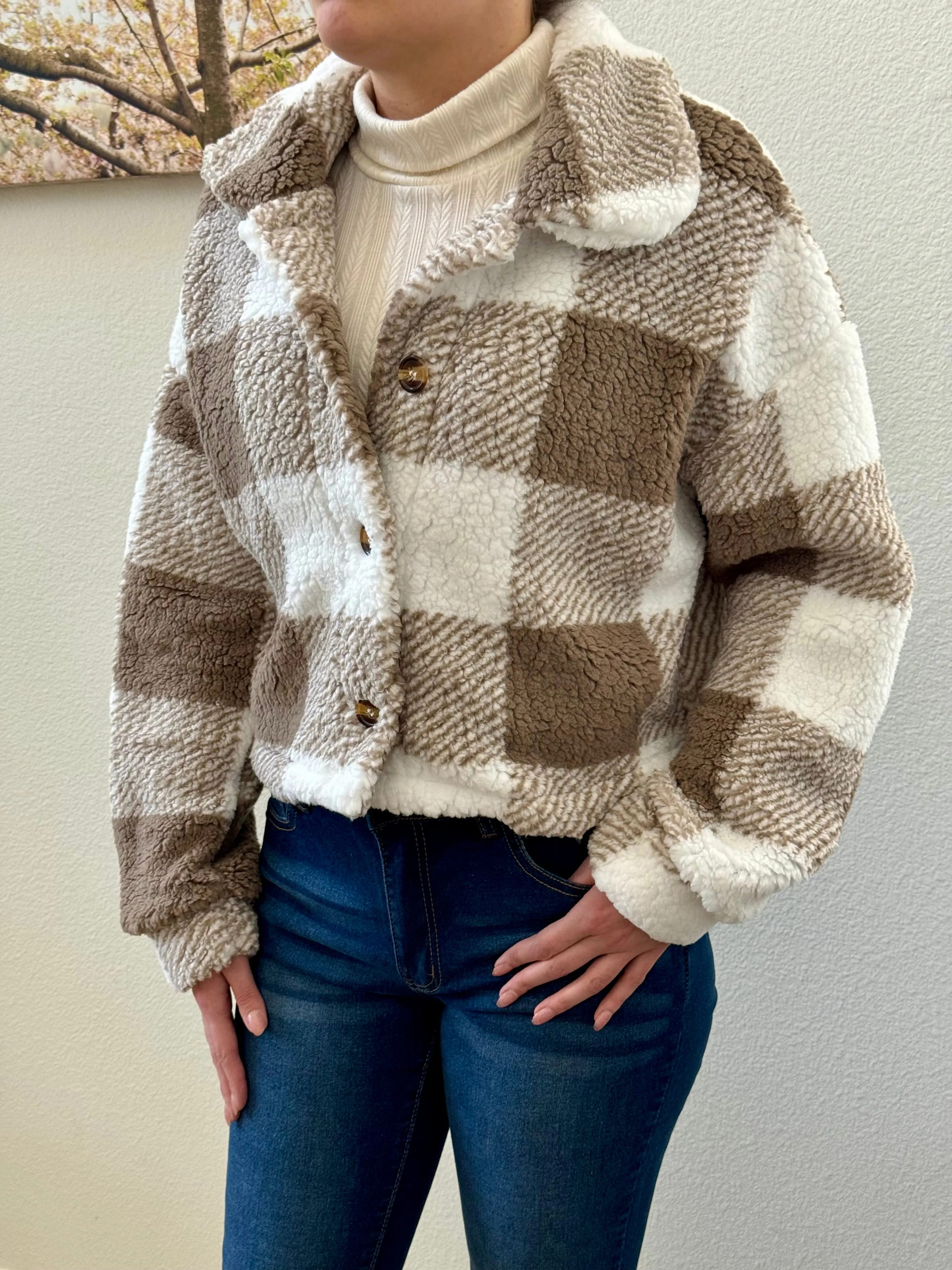 Plaid Button Front Teddy Coat, Casual, Soft, Comfortable Long Sleeve Coat For Winter & Spring, Women's Clothing