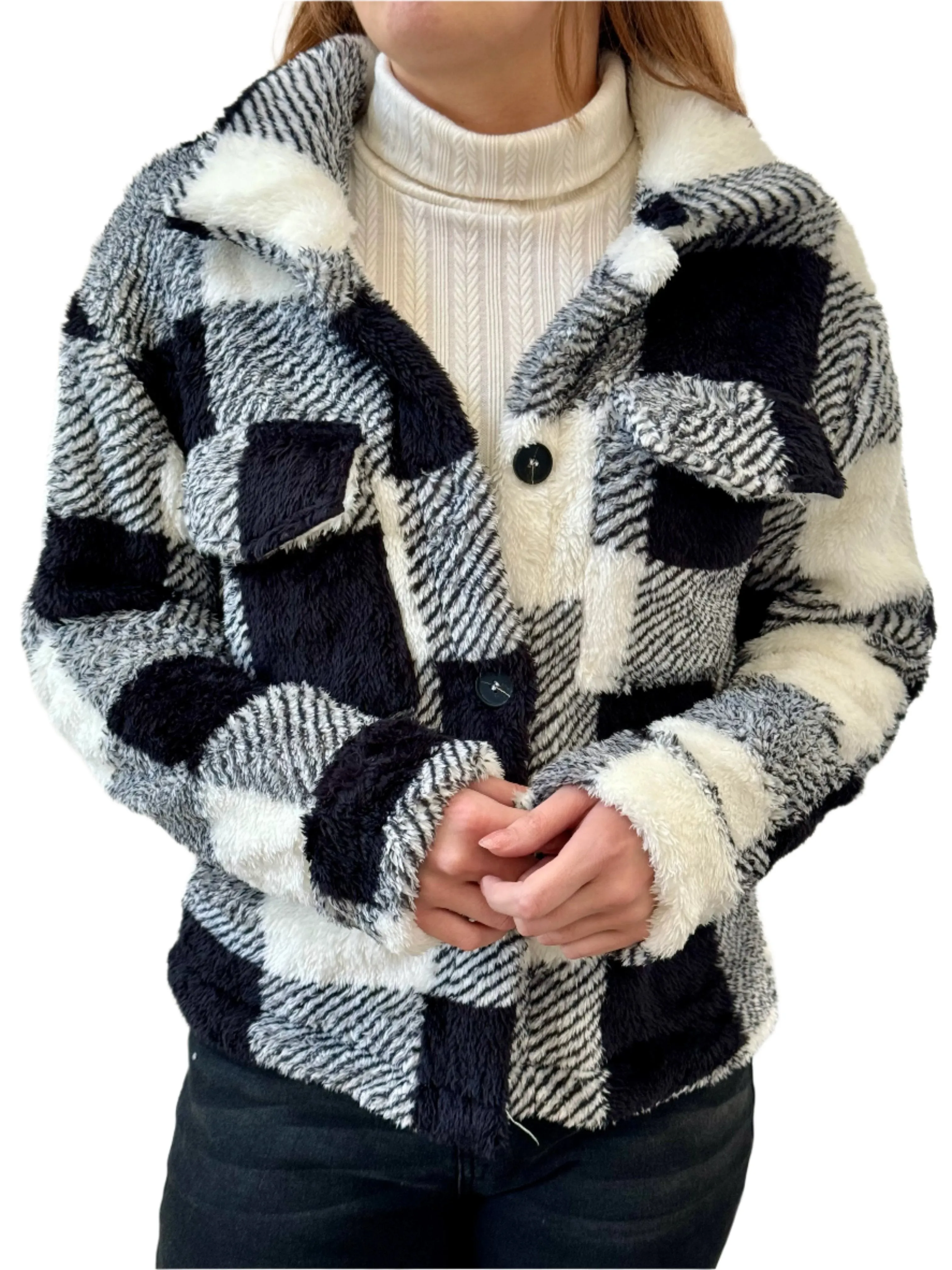 Plaid Button Front Teddy Coat, Casual, Soft, Comfortable Long Sleeve Coat For Winter & Spring, Women's Clothing