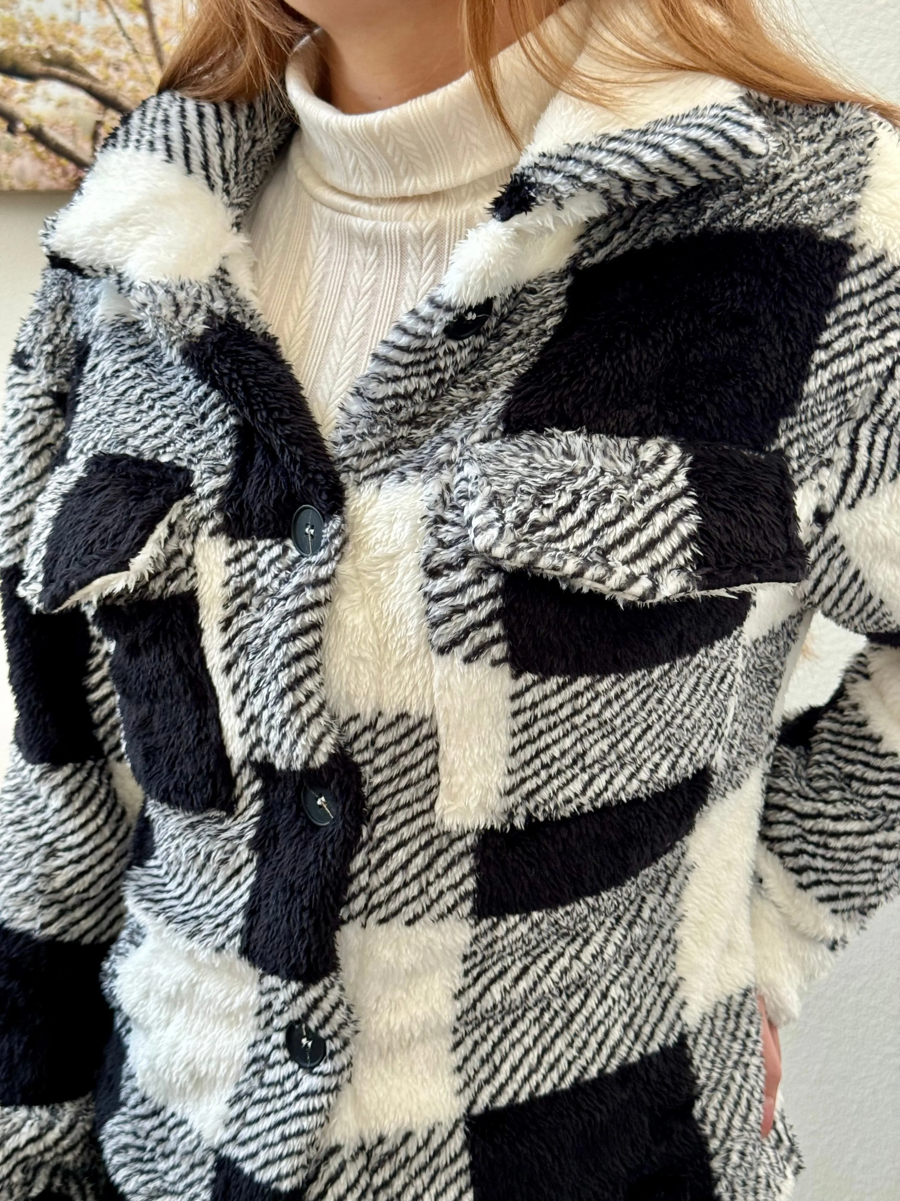 Plaid Button Front Teddy Coat, Casual, Soft, Comfortable Long Sleeve Coat For Winter & Spring, Women's Clothing