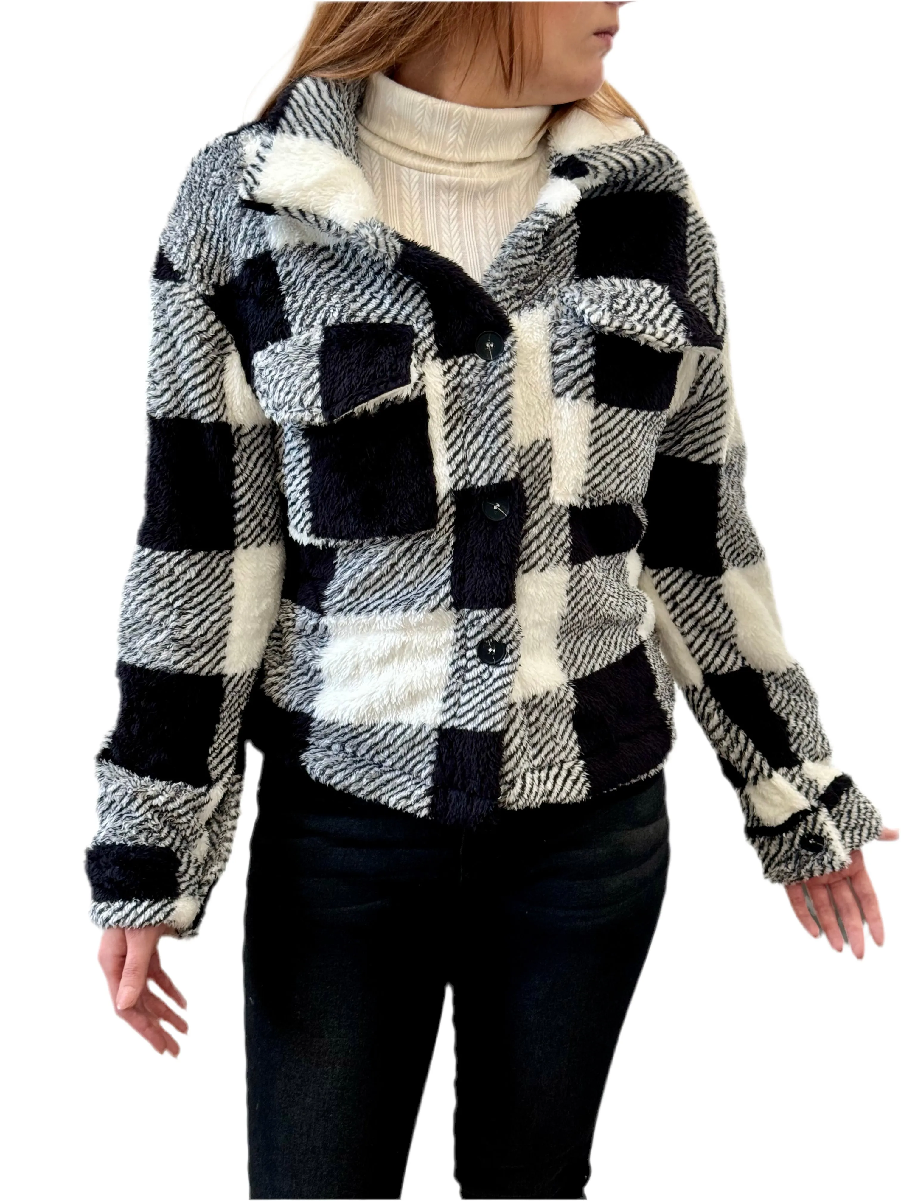 Plaid Button Front Teddy Coat, Casual, Soft, Comfortable Long Sleeve Coat For Winter & Spring, Women's Clothing