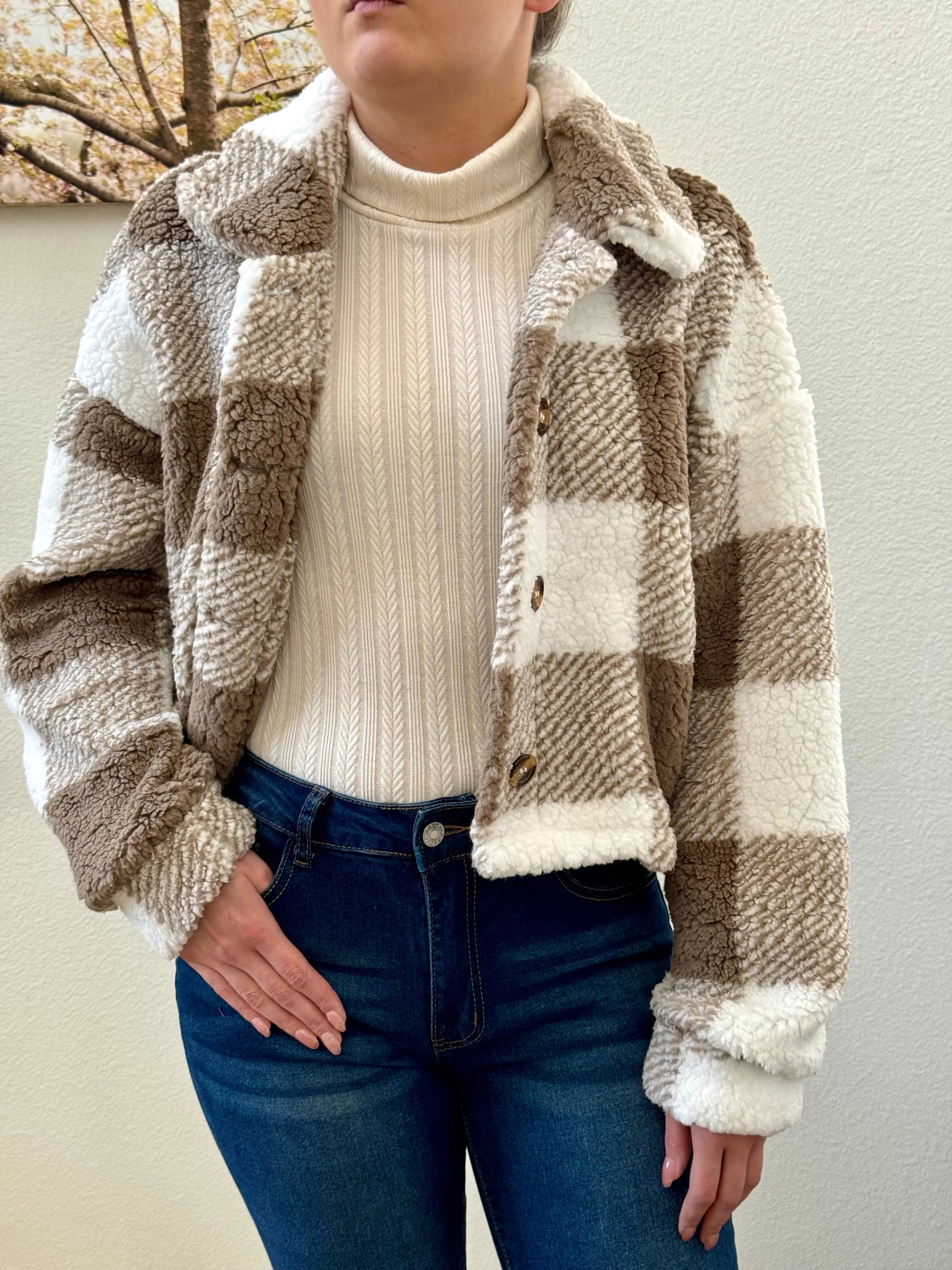 Plaid Button Front Teddy Coat, Casual, Soft, Comfortable Long Sleeve Coat For Winter & Spring, Women's Clothing