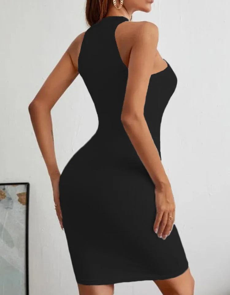 Plain Round Neck Tie Sleeveless Knit Sweater Bodycon Dresses