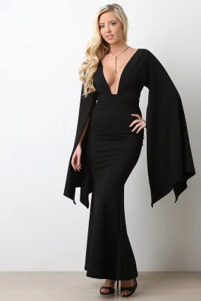 Plunging Neck Open Sleeve Mermaid Maxi Dress