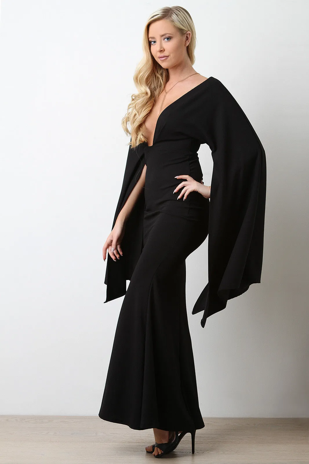 Plunging Neck Open Sleeve Mermaid Maxi Dress