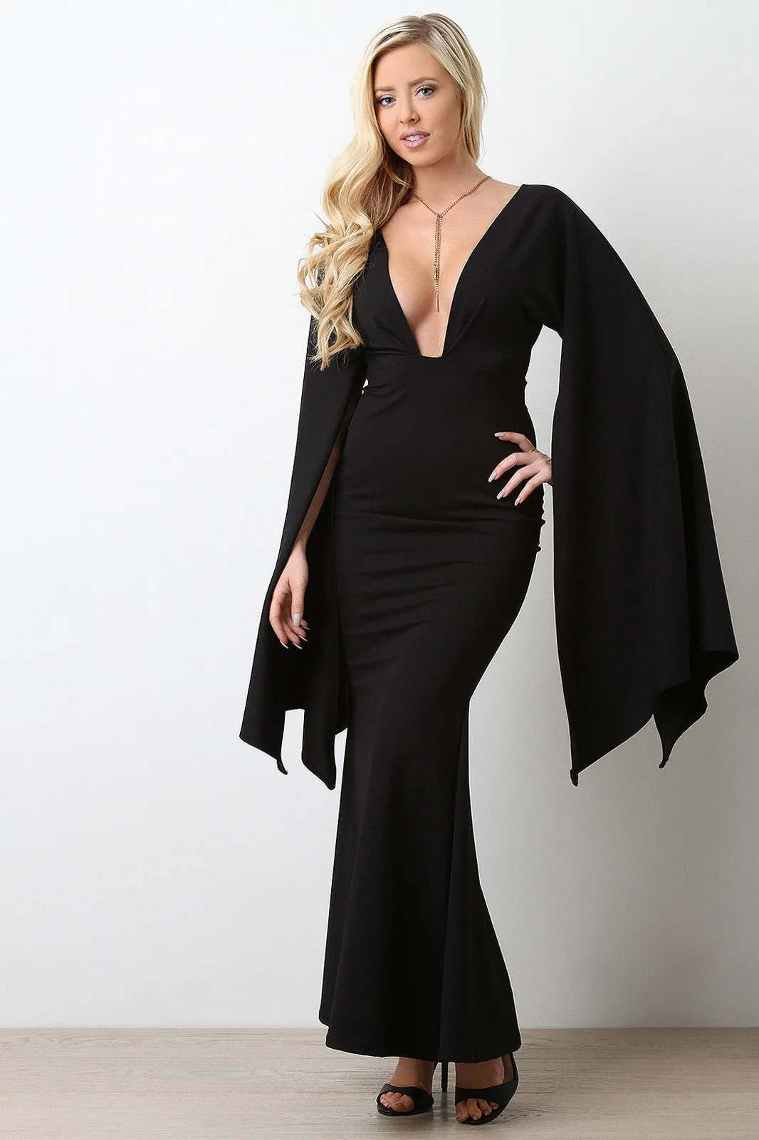 Plunging Neck Open Sleeve Mermaid Maxi Dress