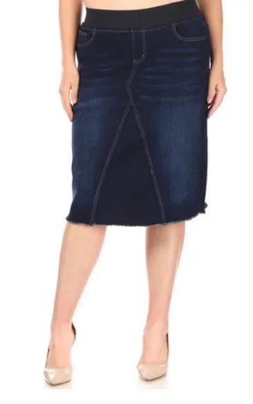 Plus - Calf Length Denim Skirt