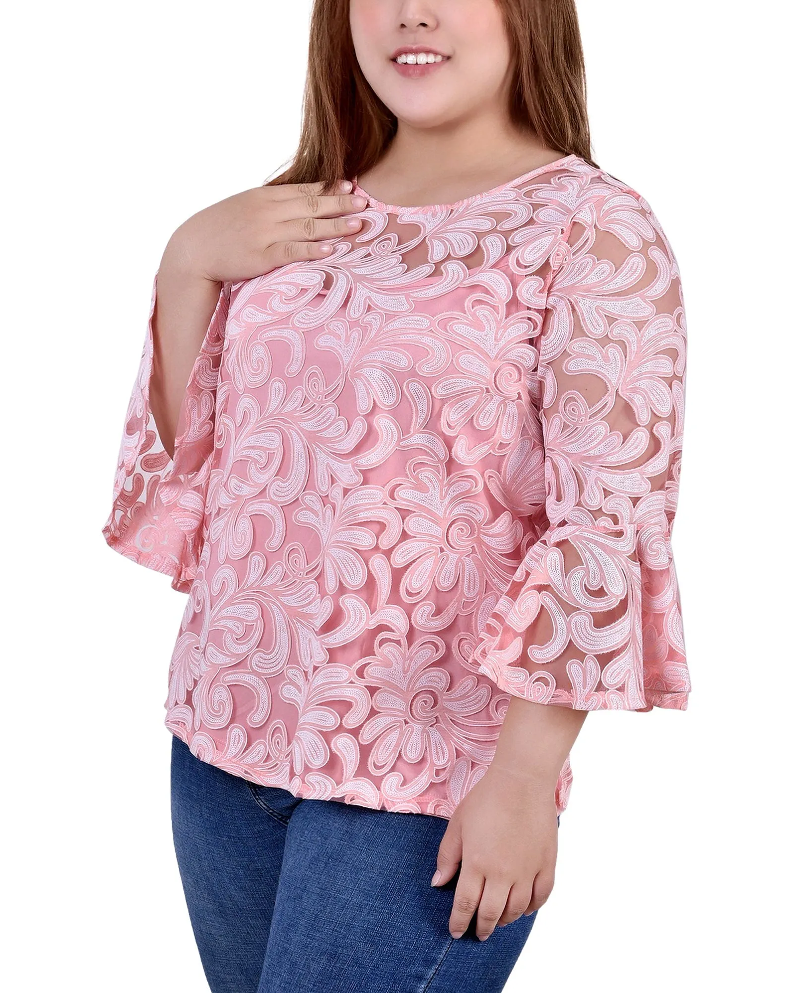 Plus Size 3/4 Sleeve Burnout Blouse With Matching Camisole