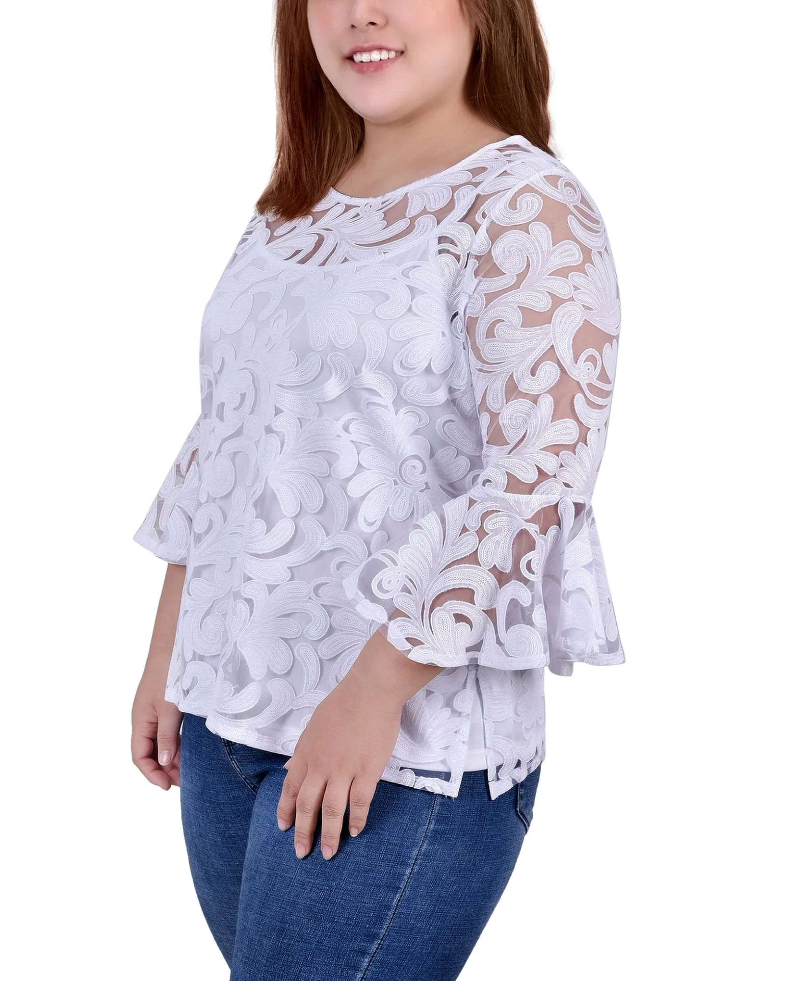 Plus Size 3/4 Sleeve Burnout Blouse With Matching Camisole