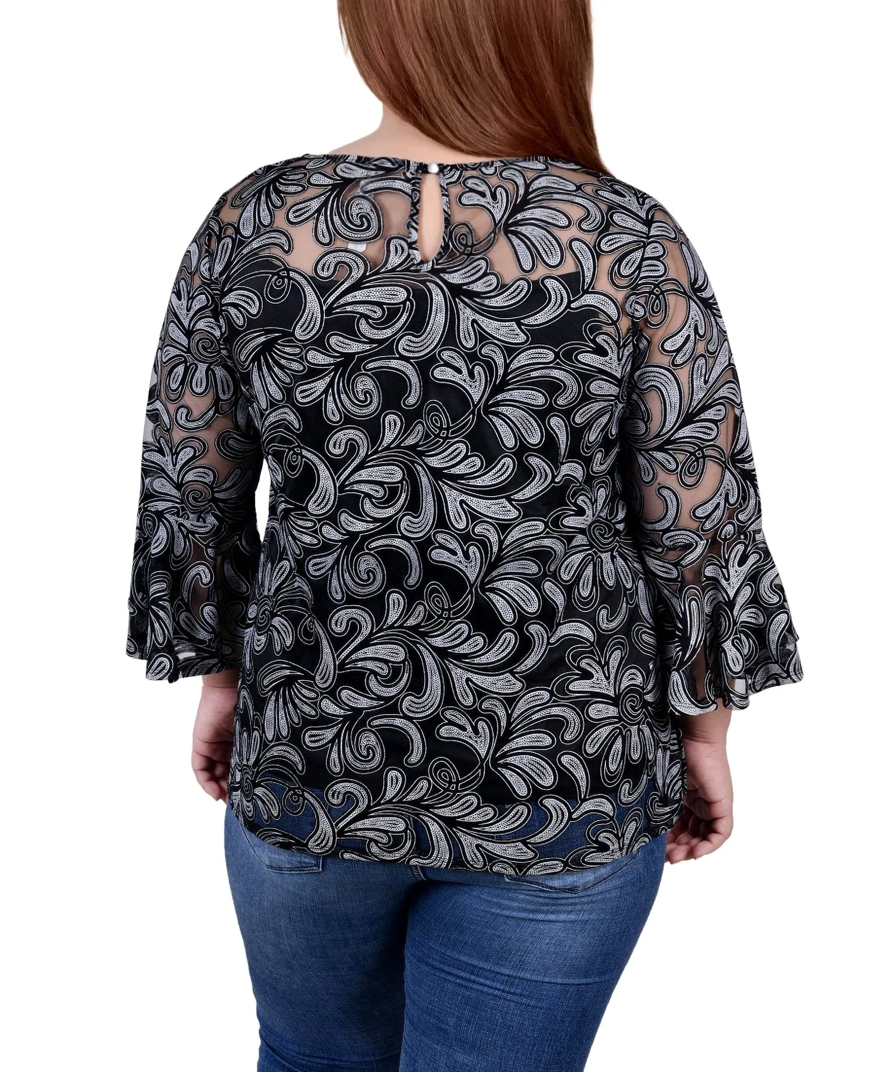 Plus Size 3/4 Sleeve Burnout Blouse With Matching Camisole