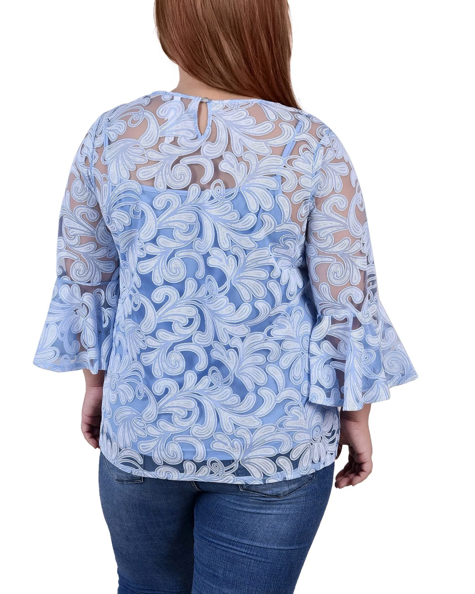 Plus Size 3/4 Sleeve Burnout Blouse With Matching Camisole