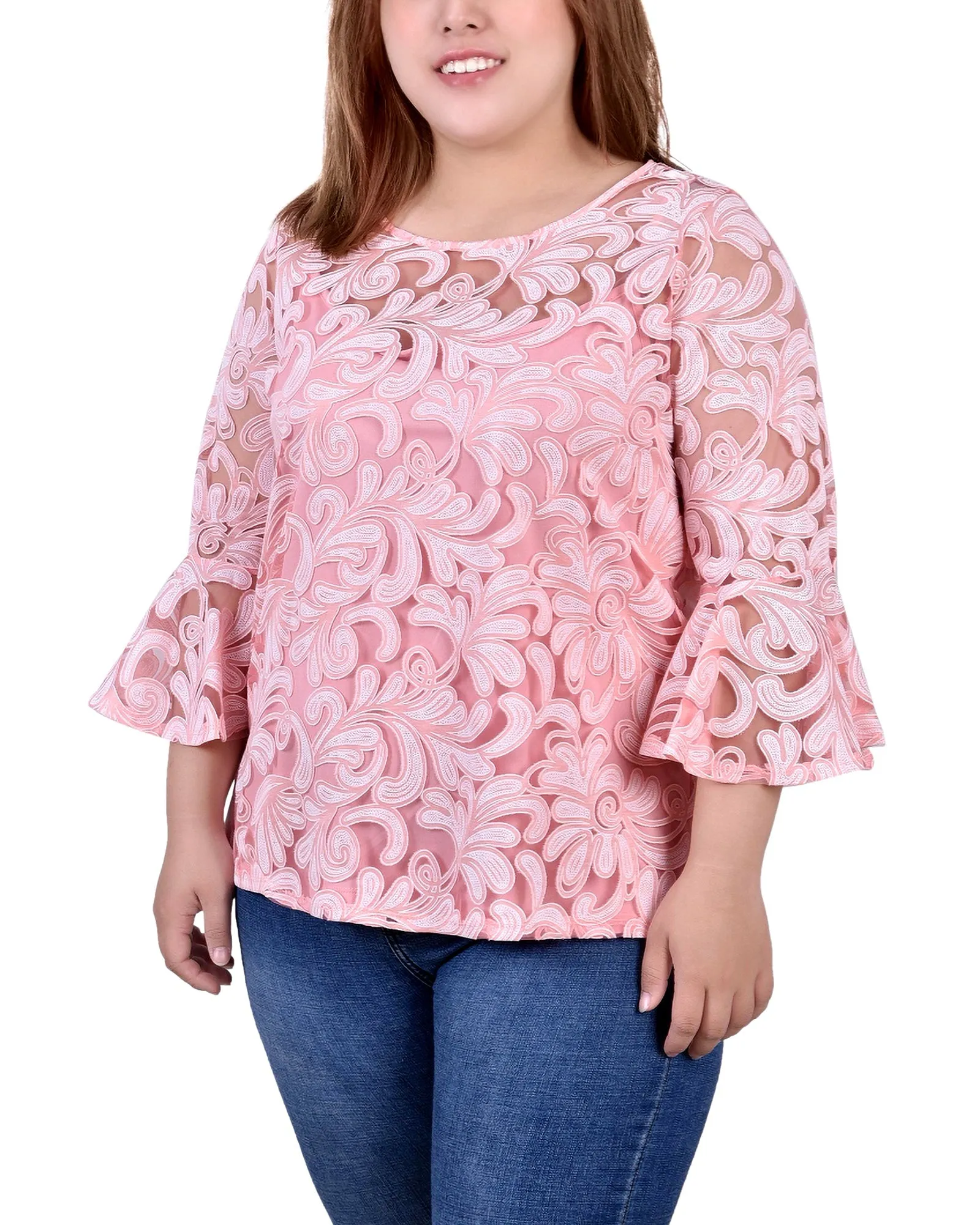 Plus Size 3/4 Sleeve Burnout Blouse With Matching Camisole