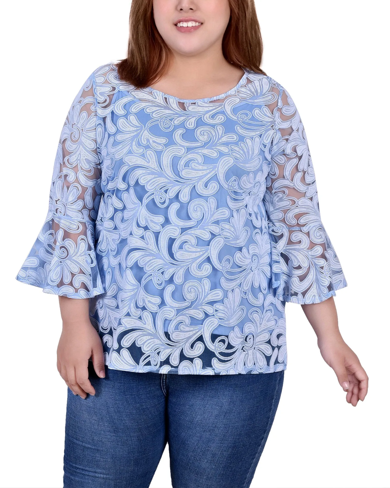 Plus Size 3/4 Sleeve Burnout Blouse With Matching Camisole
