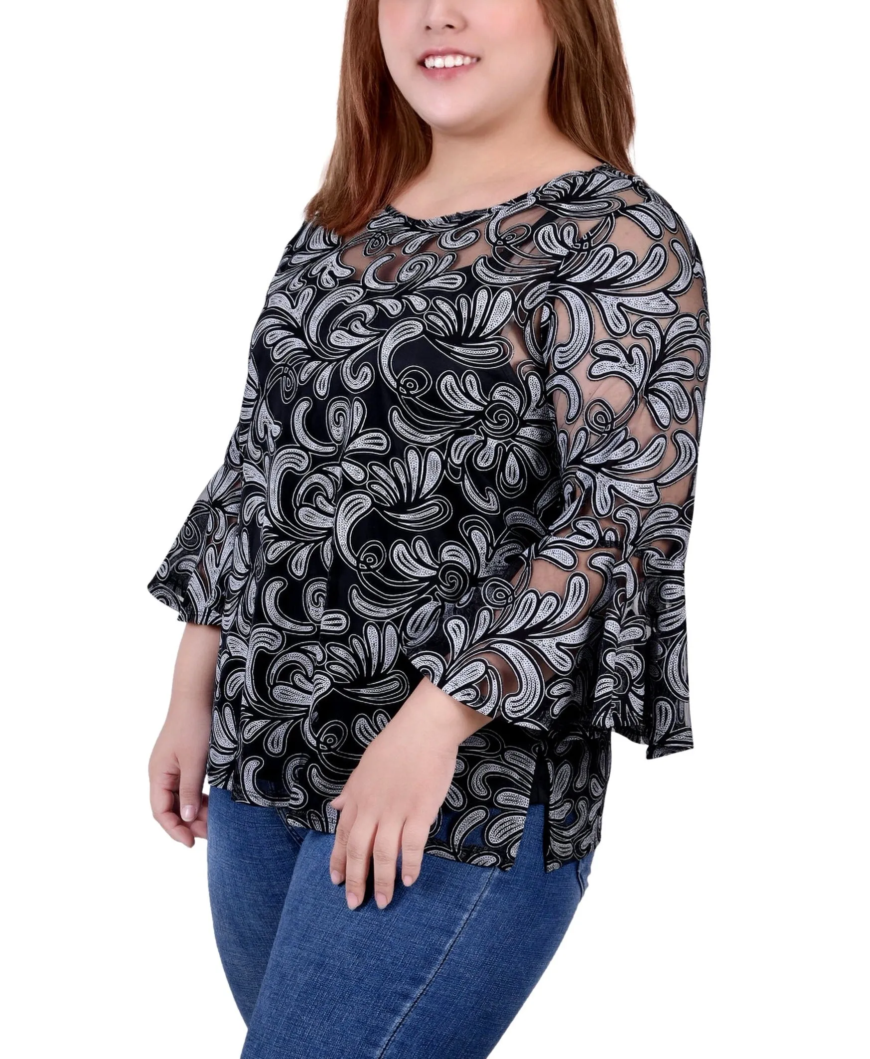 Plus Size 3/4 Sleeve Burnout Blouse With Matching Camisole